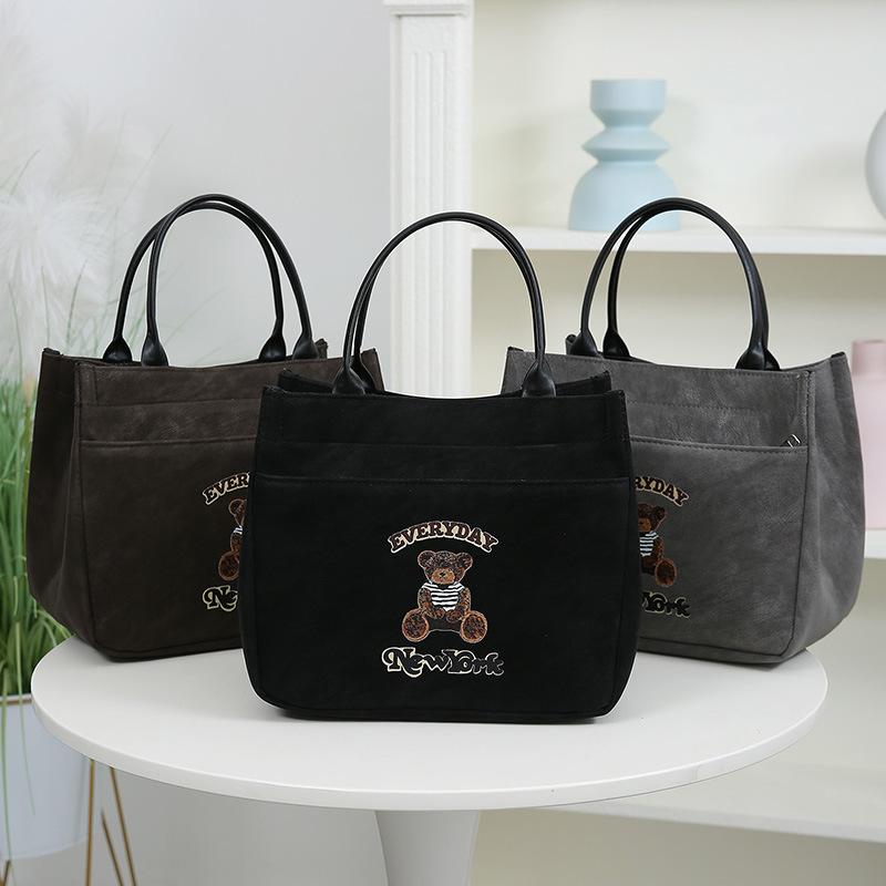 Cute Small Bear Printed Casual Versatile Large Capacity Tote Bag Travel Commuter Office Worker Lunch Bag
