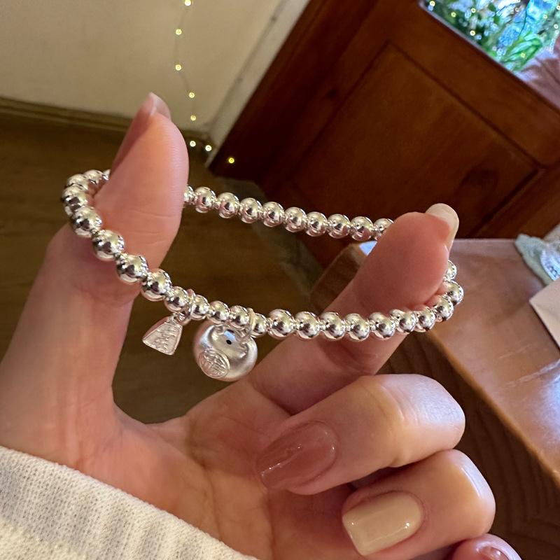 Adjustable Sterling Silver 925 Bracelet with Fat Fu Ping An Xi Le Pendant and Light Beads - Perfect Gift for Best Friend
