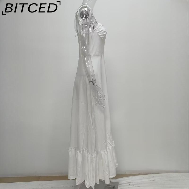 BITCED Spring Women's Collection: Elegant Solid-Color High-Waisted Strapless Dress with Flowing Skirt