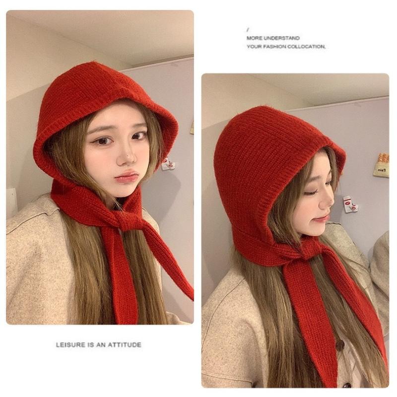 Korean Hood Scarf Balaclava Hat Ear Protection Warm Bomber Hats Women Retro Strap Bow Beanies Winter Accessories Knitted Law Hat