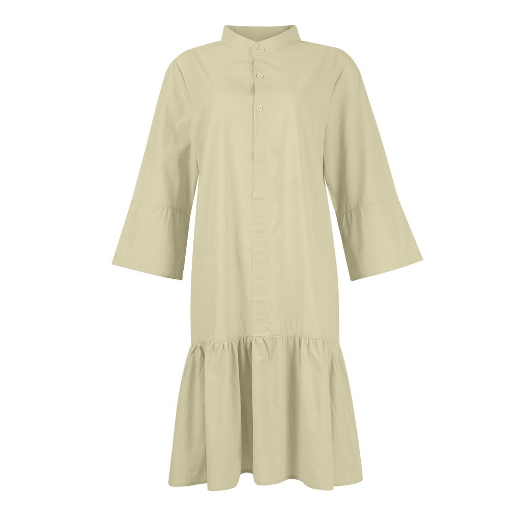 Women's Stand Up Collar Half Open Button Shirt, Ruffle Hem, Color Casual Dress