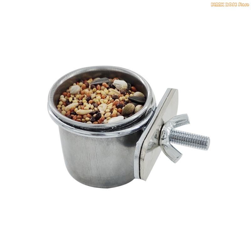 K1AE Pet Parrot Feeding Drinking Cup Stainless Steel Parrot Feeder with Clamp Holder for Cockatiel Conure Budgies Parakeet