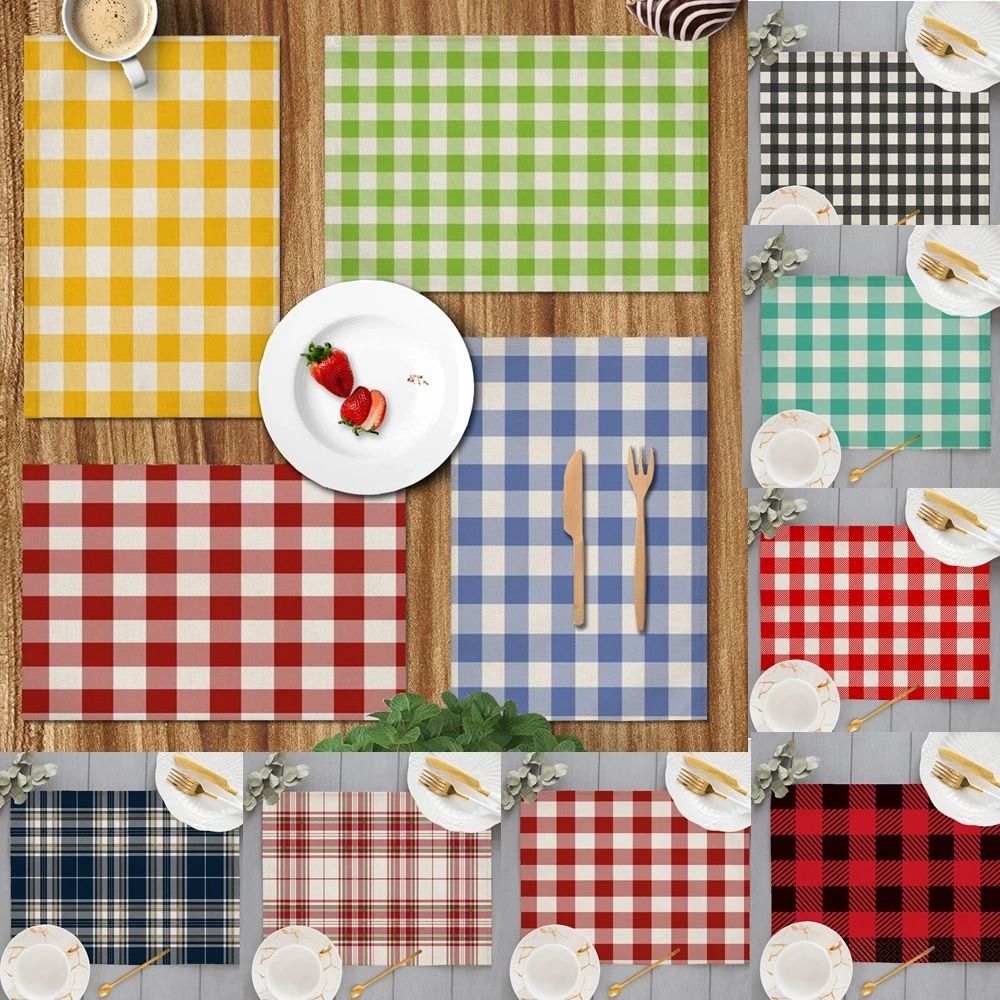 

Fresh Style Small Plaid Placemats Red Plaid Grid Cup Pads Fabric Table Mats Dining Room