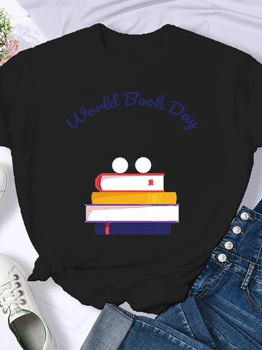 Woman Plus Size Round Neck Half Sleeve T-shirt Printed T-shirt Top New T Shirt Coffee Books Brown Books American Retro T-shirt