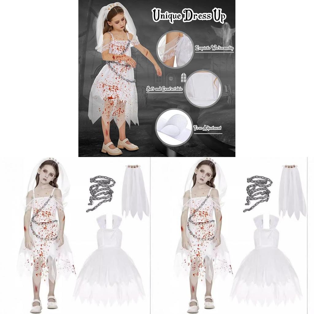Costume Strega Fantasma Sposa di Halloween per Bambine con Pizzo Rete e Stampa per Festa Bambini