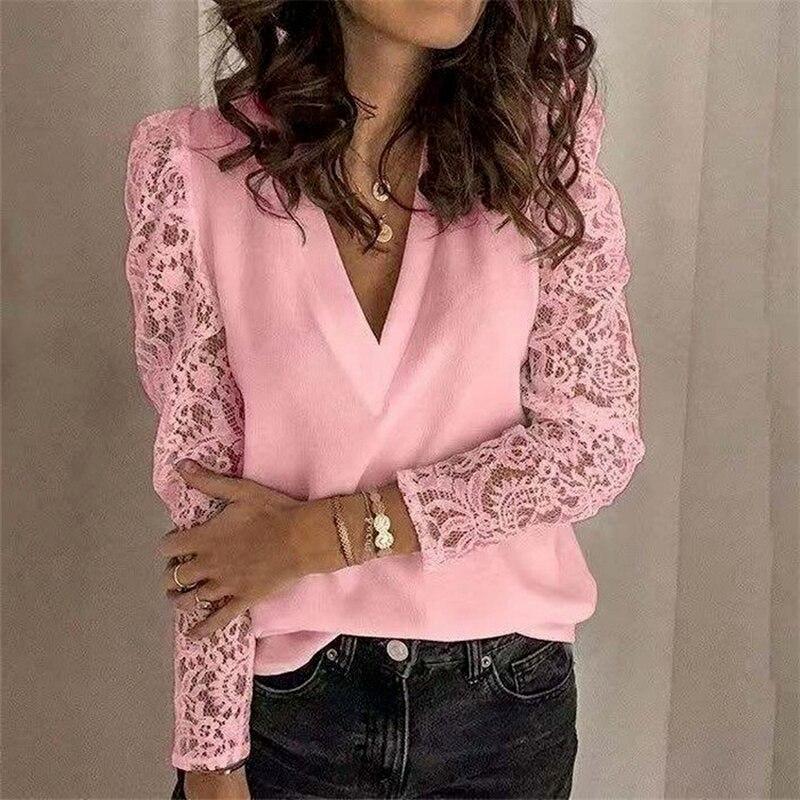 Hohl Patchwork Spitze Hülse Frauen Bluse Vintage V-ausschnitt Lose Weibliche Shirts Weiß Langarm Blusen Tops Frauen Kleidung 19040