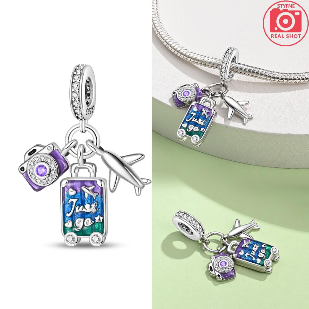 Charms 925 Silver Blue Suitcase Airplane Earth Beads Fit Bracelet Women Necklace Jewelry Diy Phone Charms