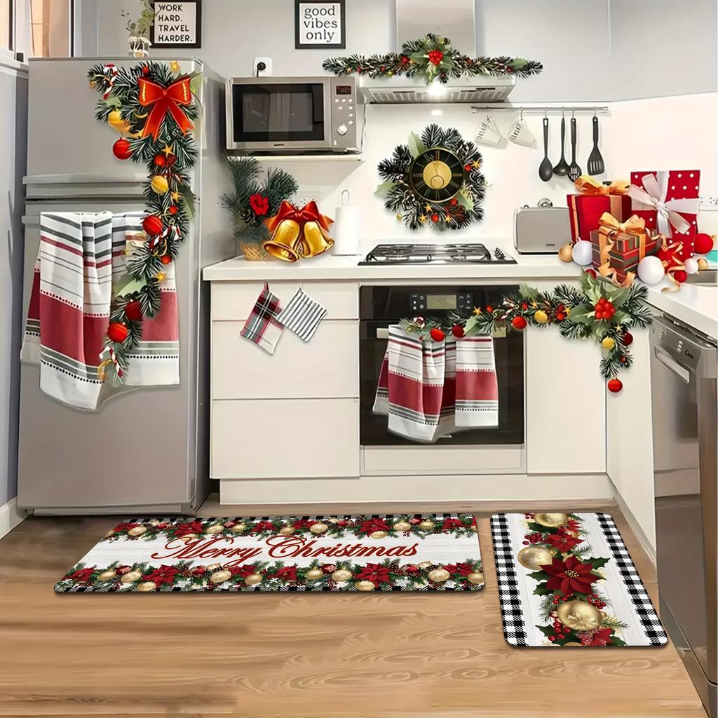 2Pcs Anti Fatigue Kitchen Rugs Christmas Waterproof Non-Slip Thick Cushioned Kitchen Mat Heavy Duty Comfort Standing Mat for Kitchen
