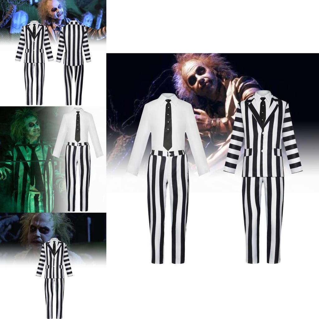 Unisex Beetlejuice Striped Suit Cosplay Outfit For Stage Performance