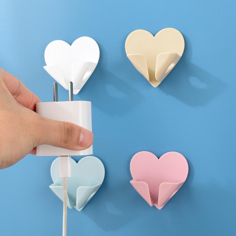 Heart Power Cord Plug Bracket Wall Mounted Cartoon Adhesive Hook Socket Storage Rack Holder Home organizer