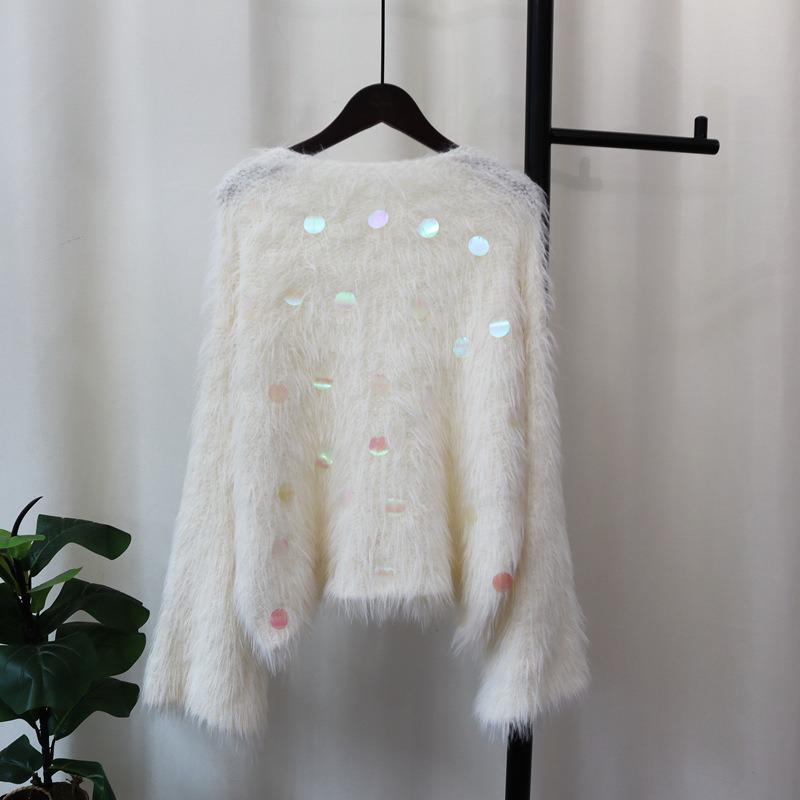 Autumn and winter new sequins sweet soft waxy imitation mink fleece sweater pullover round neck gentle knitted sweater top women