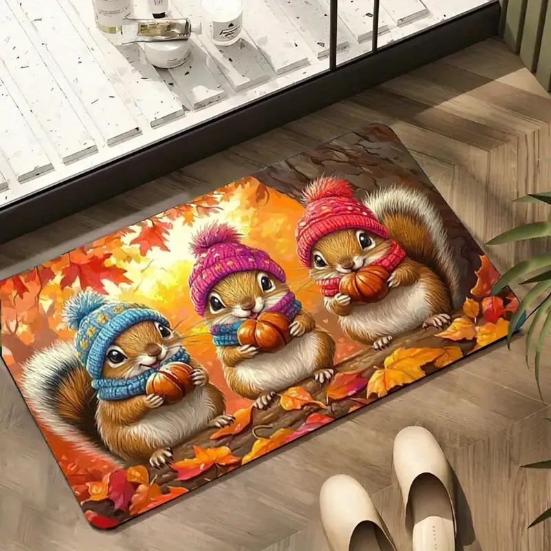 Christmas Squirrel Welcome Mat Non Slip Floor Carpet Bedroom Kitchen Door Mat Indoor and Outdoor Carpet Home Decoration Carpet
