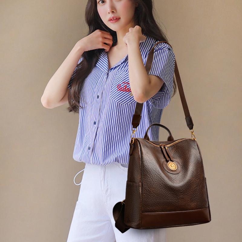 Women PU Leather Backpack Multifunctional Vintage Badge Shoulder Bag Large Capacity Anti‑theft Travel Crossbody Bag Casual Ladies Handbag For Daily