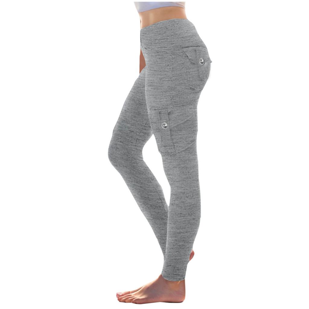 Damen Stretch-Bund Knopf Mehrere Taschen Kordelzug Yoga-Hose Leggings Sport Dünn Geschnittene Hose