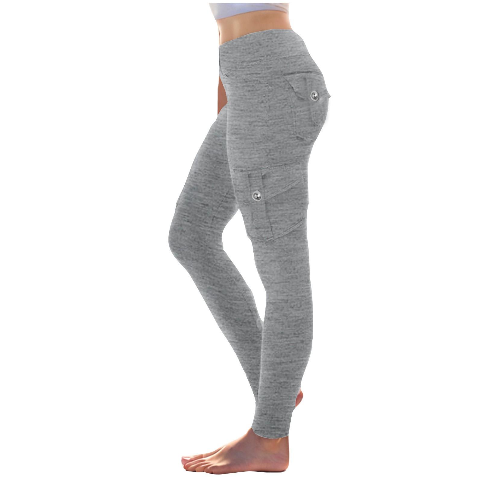 Women s Stretch Waist Button Multi-Pocket Drawstring Yoga Pants Leggings Sports Slim-Fit Pants M