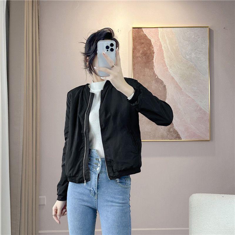 

Весна 2023 Женская куртка с длинными рукавами, воротником-стойкой, в стиле бейсбольной формы, на каждый день, с воротником-стойкой, свободного кроя, приталенная Black S