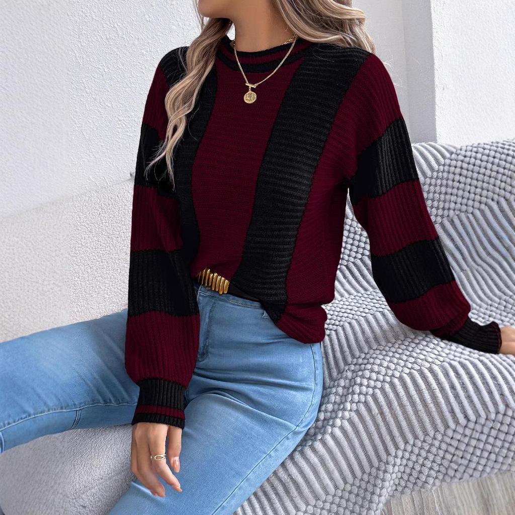 Autumn and Winter Casual Color-blocking Striped Lantern Long-sleeved Pullover Sweater Women's Clothing