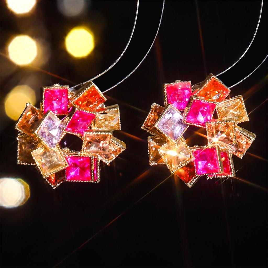 European and American Luxury Colorful Rhinestone Flower Stud Earrings for Women