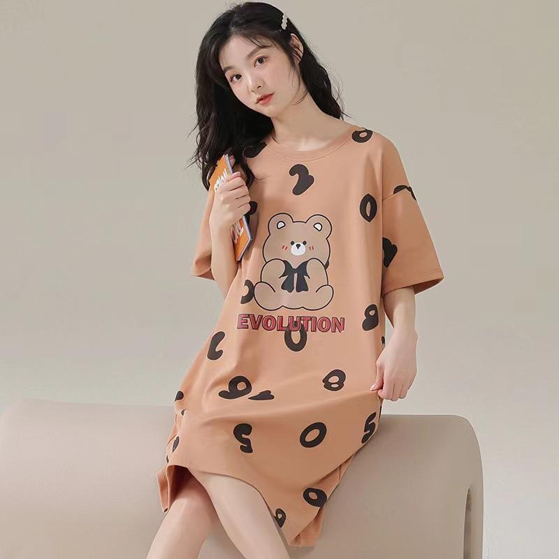 Summer Women Dress Large Short-Sleeved Cartoon Nightdress with Cute Bear Graphic Vestidos