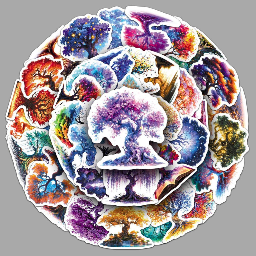 50 PCS Luminous Tree of Life Stickers: Colorful Cartoon Decor for Journals, Water Bottles, Storage Boxes & Stationery
