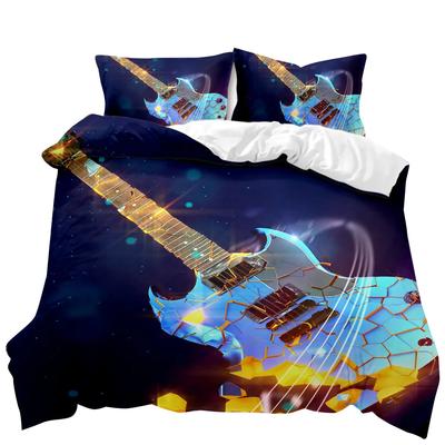 Guitar Duvet Cover Set Twin Rock Music Comforter Cover Set Hip Hop Hippie Quilt Cover Blue Guitar Polyester Bedding Set for Teen