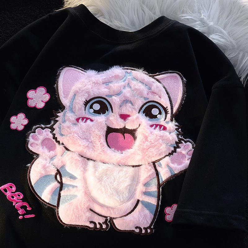 

Guochao Oversized Cute Little Tiger T-Shirt for Men and Women – Niche Design, Perfect for Couples L чорний