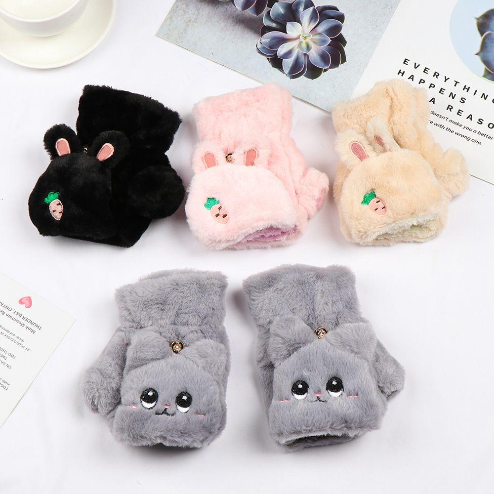 Winter Cute Cat Soft Plush Thick Warm Mittens Faux Rabbit Hair Gloves Half Finger
