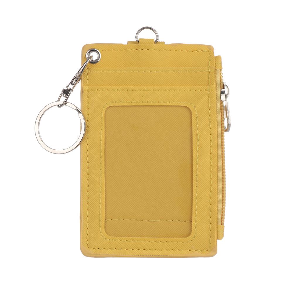 Portable Solid Color Card Holder Leather Business ID Card Credit Badge Holder Coin Purse Wallet with Keychain