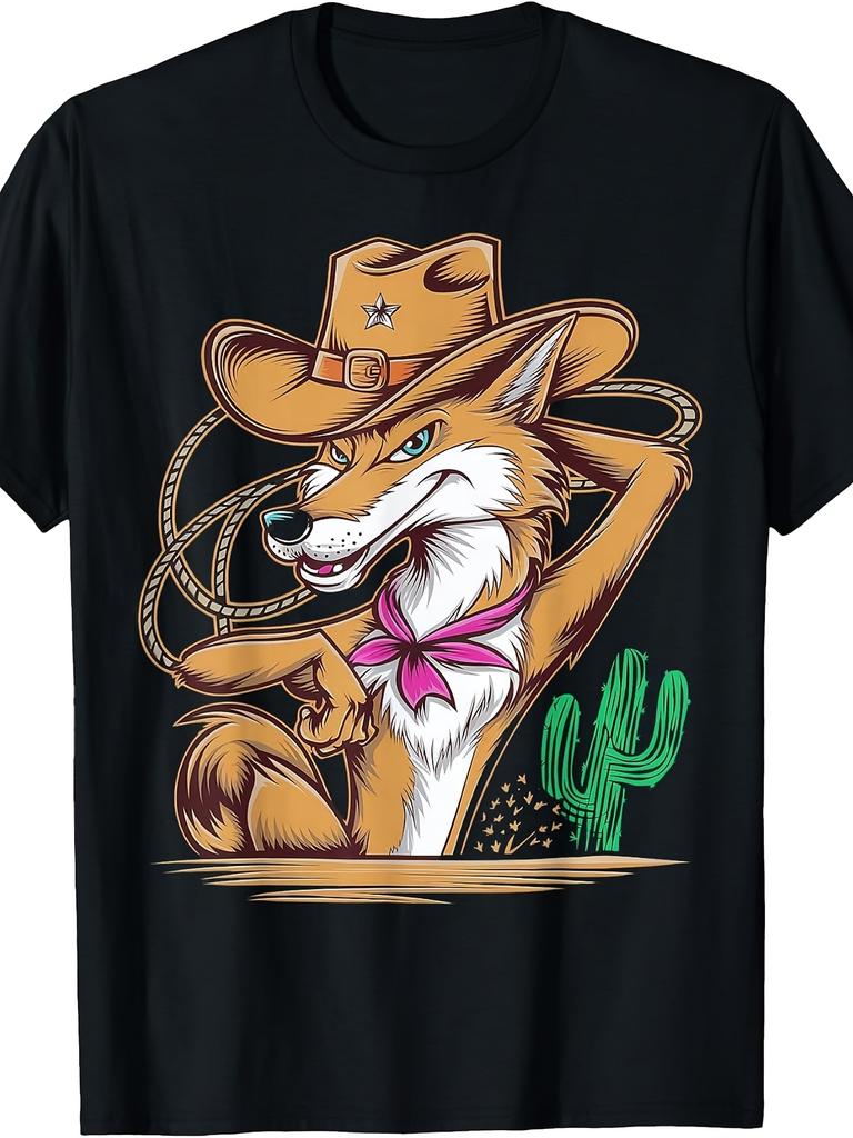 Western Style, Men's T-Shirt, Cowboy Fox with Lasso And Cactus Design, Casual Wear