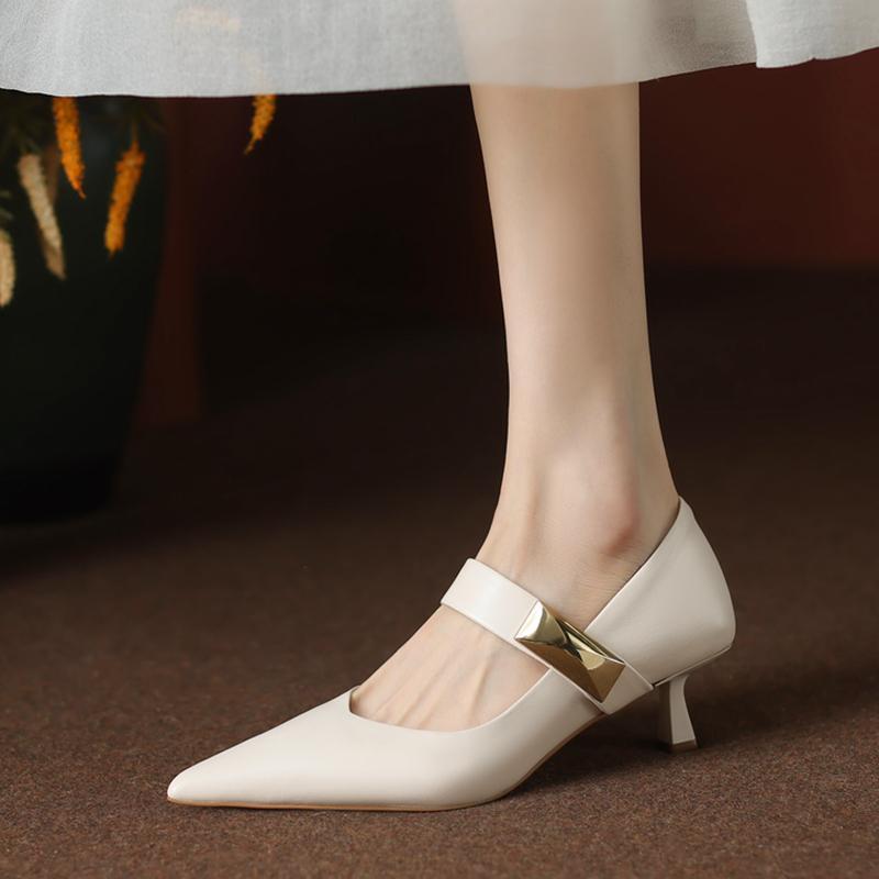 Einwort-Schnalle mit spitzer Zehenpartie Damen Frühling flacher Ausschnitt Temperament Stiletto High Heels Französische Mary Janes Pendler Arbeitsschuhe