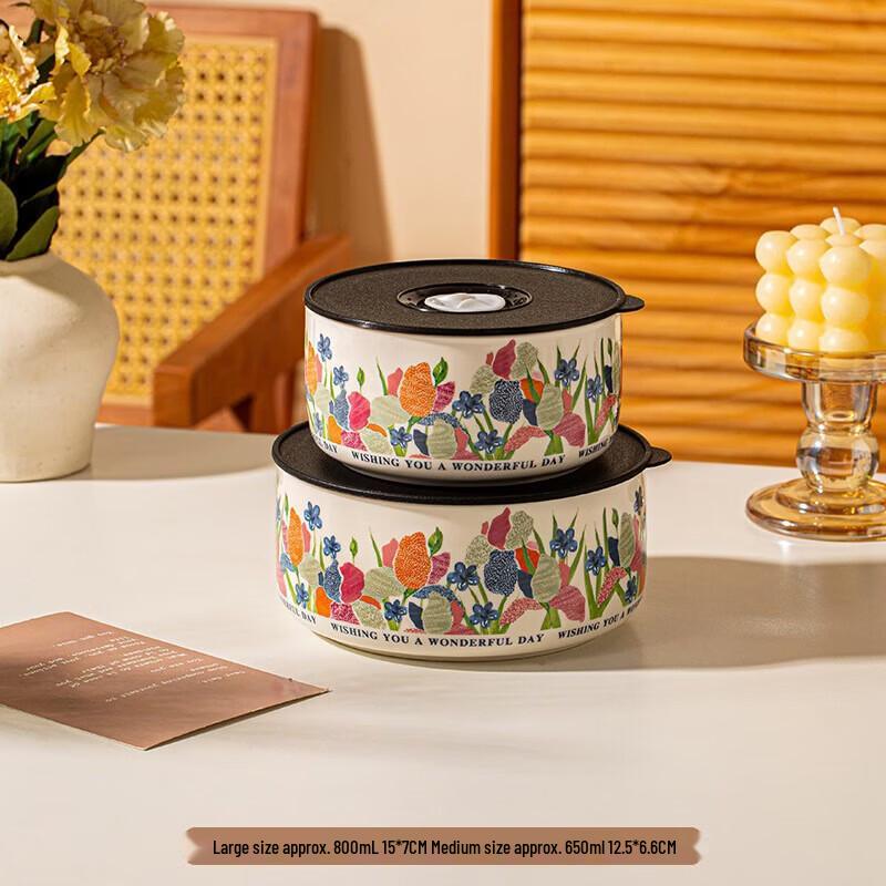 Iris Flower Ceramic Fresh-keeping Bowl Set (2-Piece)