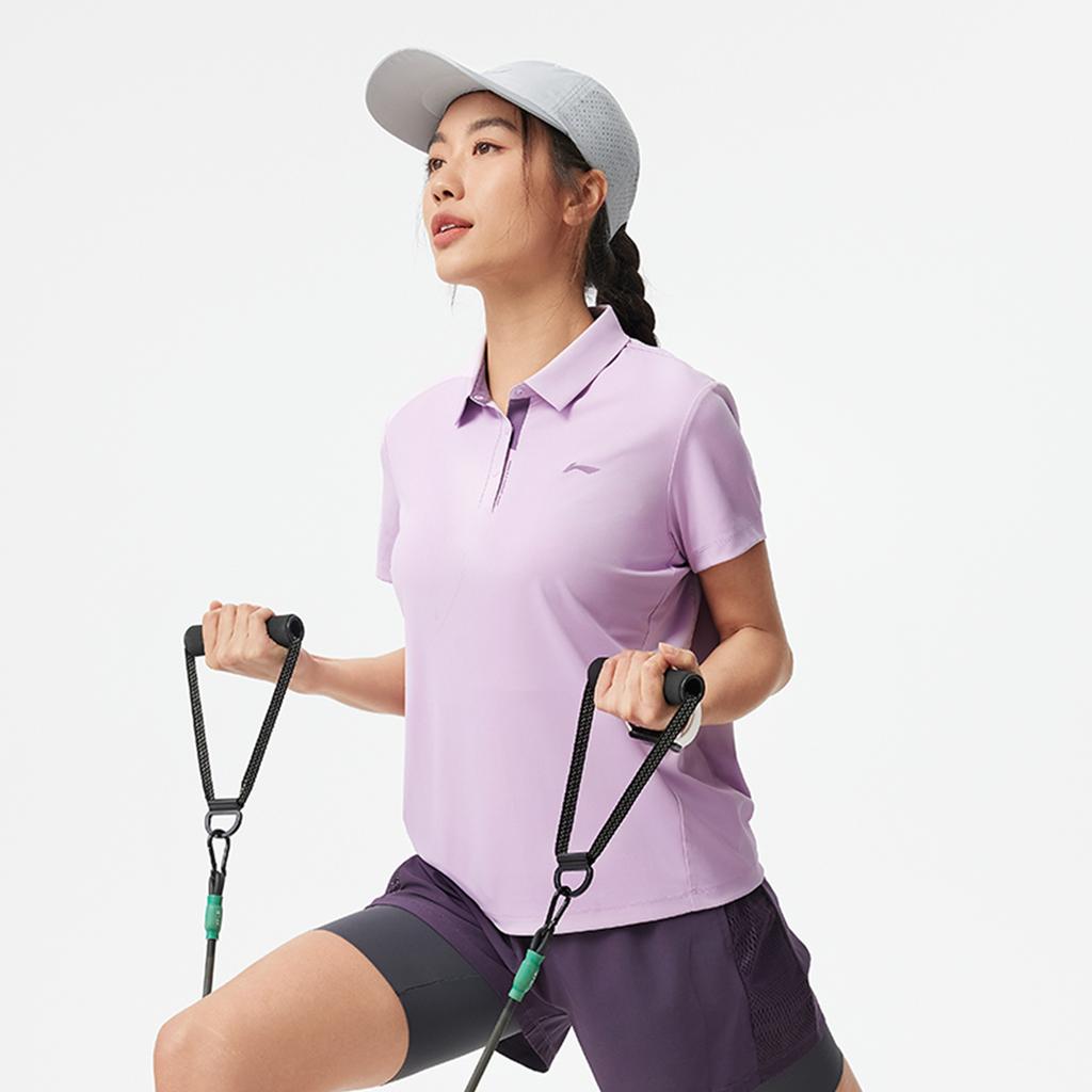 Li-Ning Fitness Series Simple Solid Color Loose Fit Short Sleeve Polo Shirt Women Tops Twilight-Purple APLV016-3