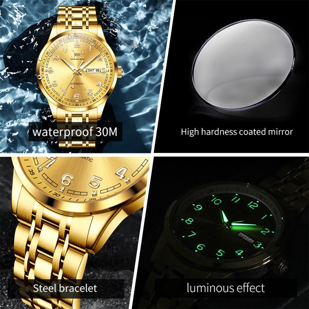 OLEVS New Automatic Watches for Man 7077 Digital Dial Steel Strap Dual Calendar Waterproof Mechanical Men's Business Wristwatch
