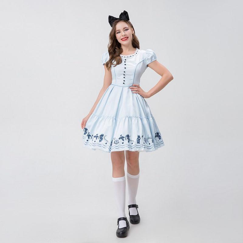 Cosplay Halloween, Alice's Dream Wonderland, Japanese cute maid dress cos dress blue and white, short-sleeved princess dress