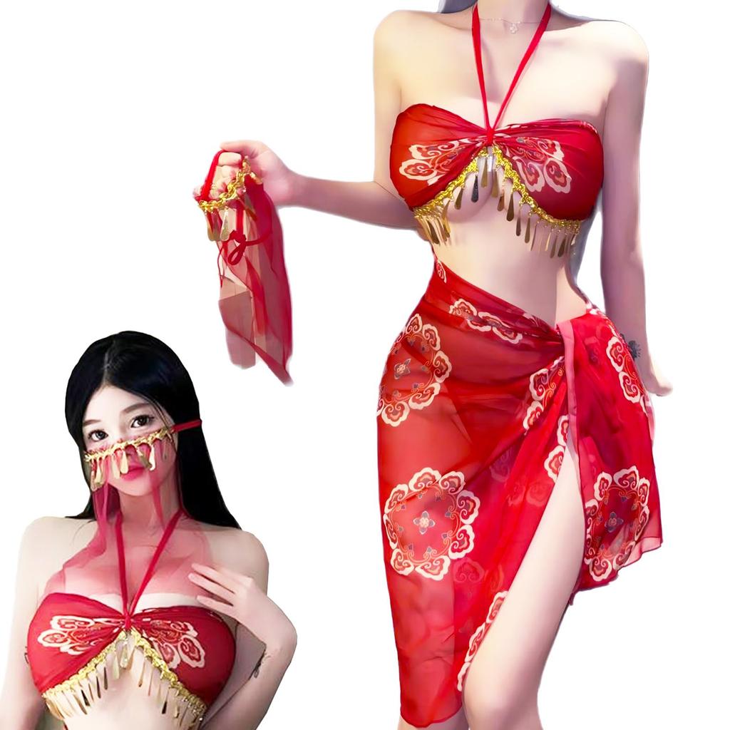 Aollaa Exotic Cosplay Sheer Set and Sexy Extreme One Size Fits Red Women's Costume, 4-Piece (Clothing, Jacket, Skirt, T-Back) Lingerie, Cute,