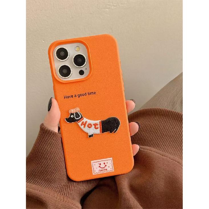 Leather Cartoon Embroidered Dachshund iPhone 15 Pro Max Apple 14 Phone Case 11 New 12 Soft 13 Pro