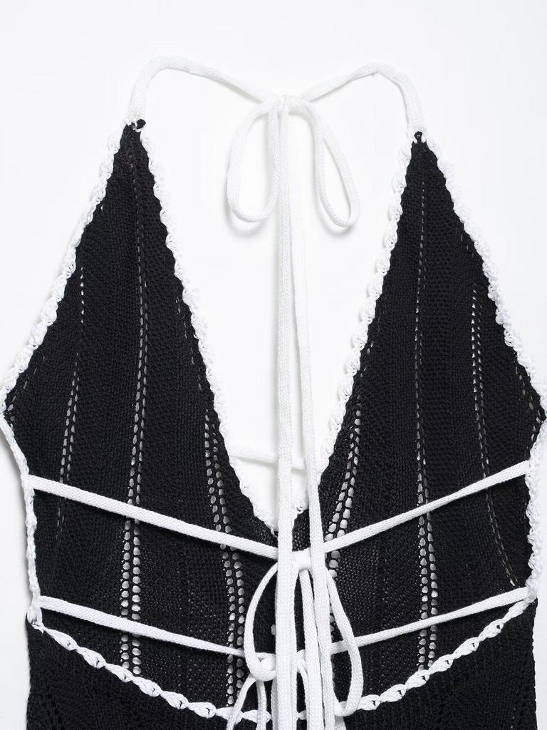 Rochie de primăvară 2025 pentru femei, stil european și american, bloc de culoare, decolteu adânc în V, fără spate, cu șireturi, semi-transparentă