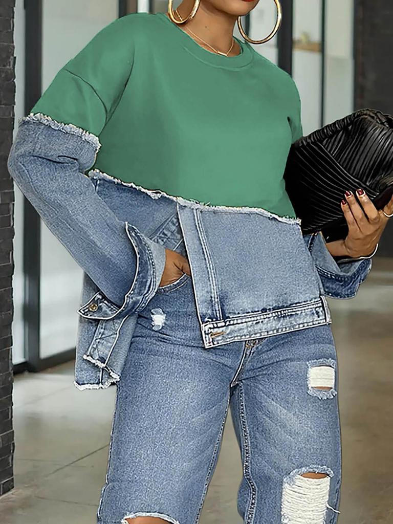 Women's Black Top with Denim Sleeve Patchwork Design