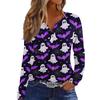 Women's Fashion Casual Halloween Printed V-Neck Button Trim Long Sleeve T-Shirt Top