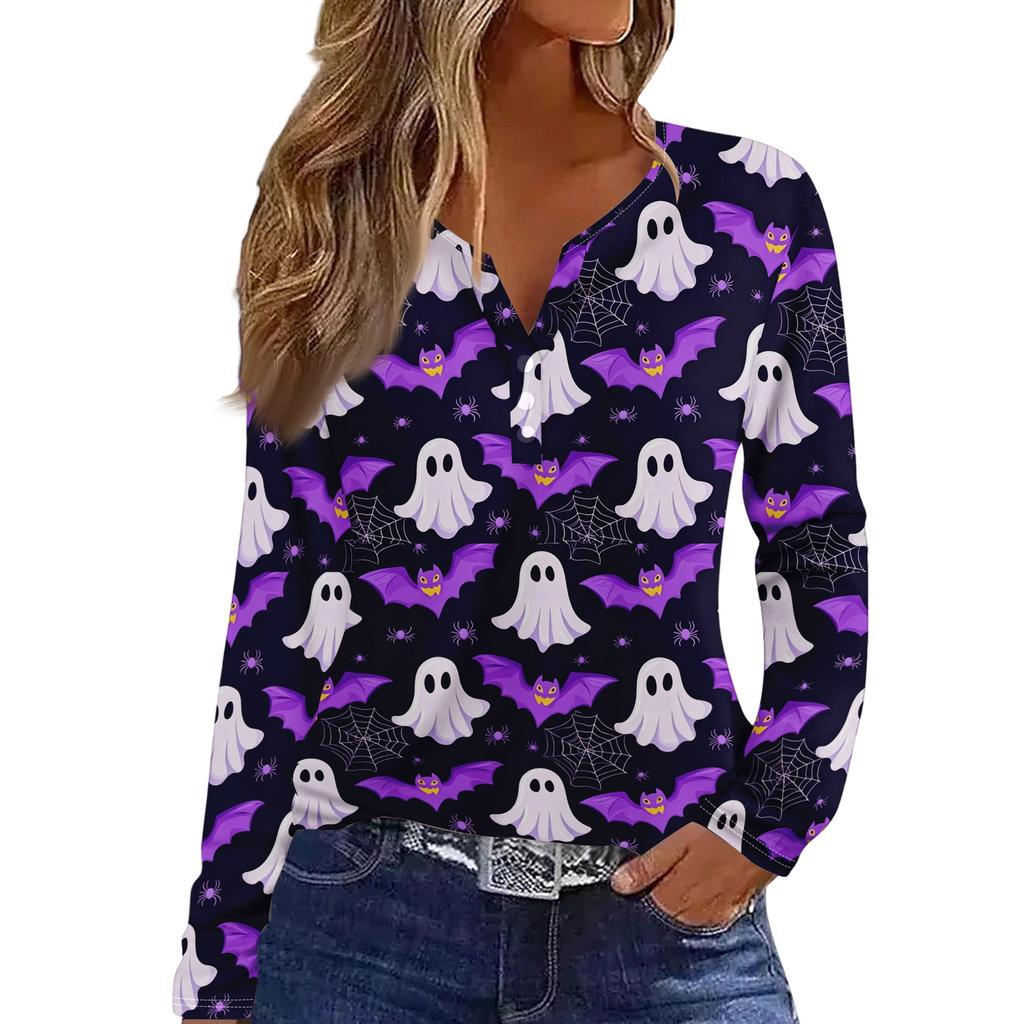 Women's Fashion Casual Halloween Printed V-Neck Button Trim Long Sleeve T-Shirt Top