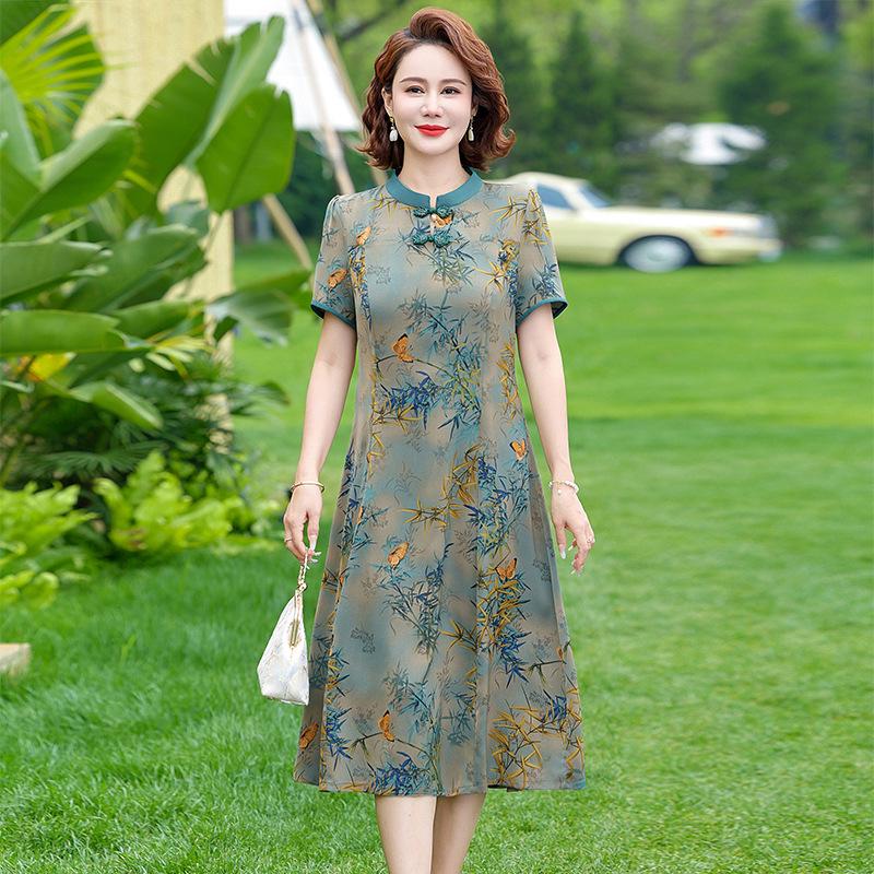 2026 New Summer Chinese Style Printed Dress - Fashionable Loose Short-Sleeved Top & Skirt for Middle-Aged Women