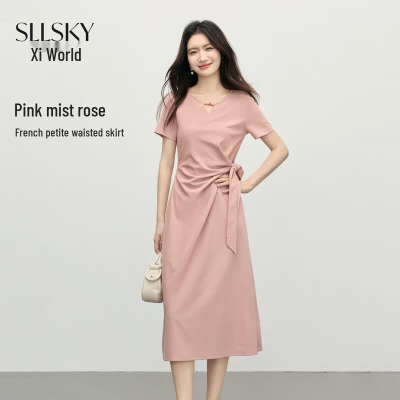 Women s Elegant Pink Tie-Waist Short-Sleeve Summer Dress XL
