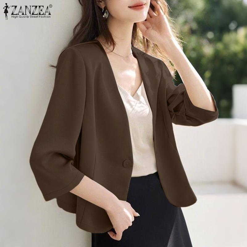 ZANZEA Women Casual V-Neck Loose 3/4 Sleeve Plain Blouse