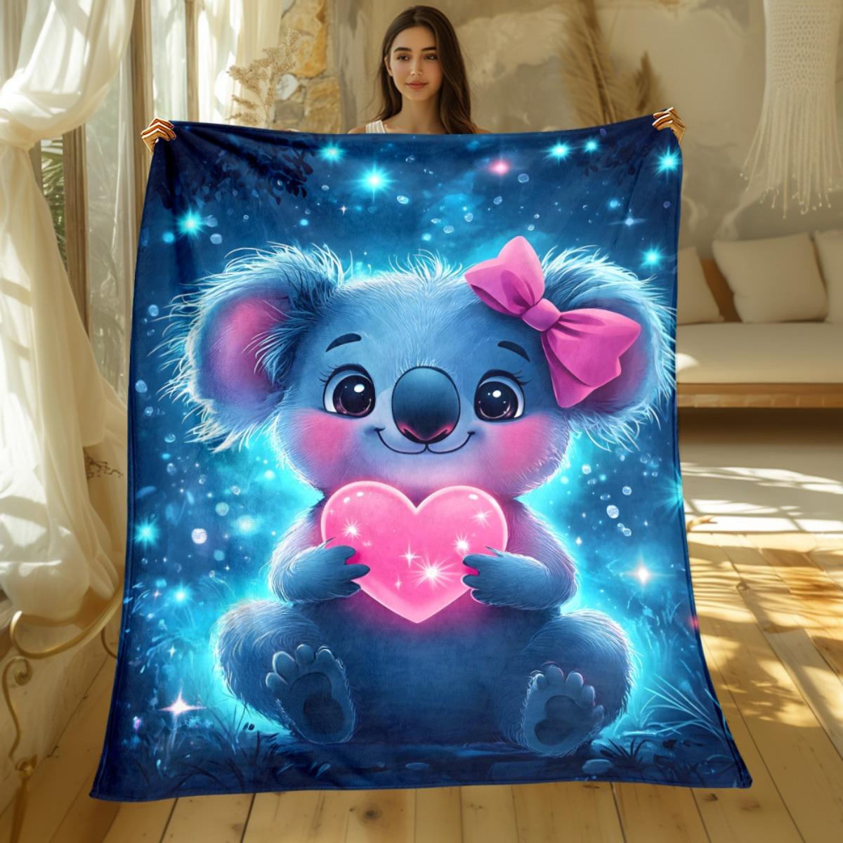 1pc Cute Koala Holding Pink Heart Sparkle Blue Background Flannel Blanket Soft Throw Bed Cover Animal Lover Gift Kids Room Decor 75x90cm