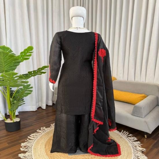 Black Frendy Silk Floral Embroidered Palazzo Suit with Dupatta Set