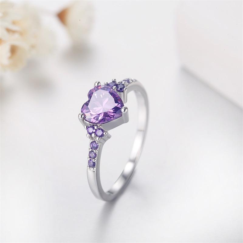 With Certificate 100% 925 Silver Purple Zircon Crystal Rings for Women Lovely Heart Shape Jewelry Romantic Valentine's Day Gift