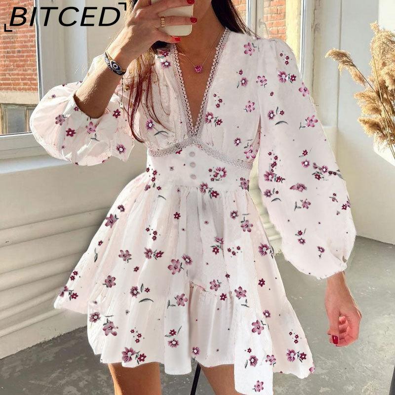 

BITCED Women s Elegant Sweet Floral Print V-Neck Pleated Short-Sleeve Spring Dress XXXL фиолетовый/белый