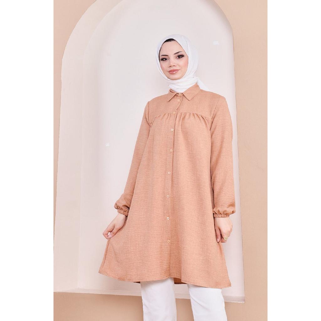 Women's Imported Linen Tunic Shirt With Gathered Front And Elastic Sleeves