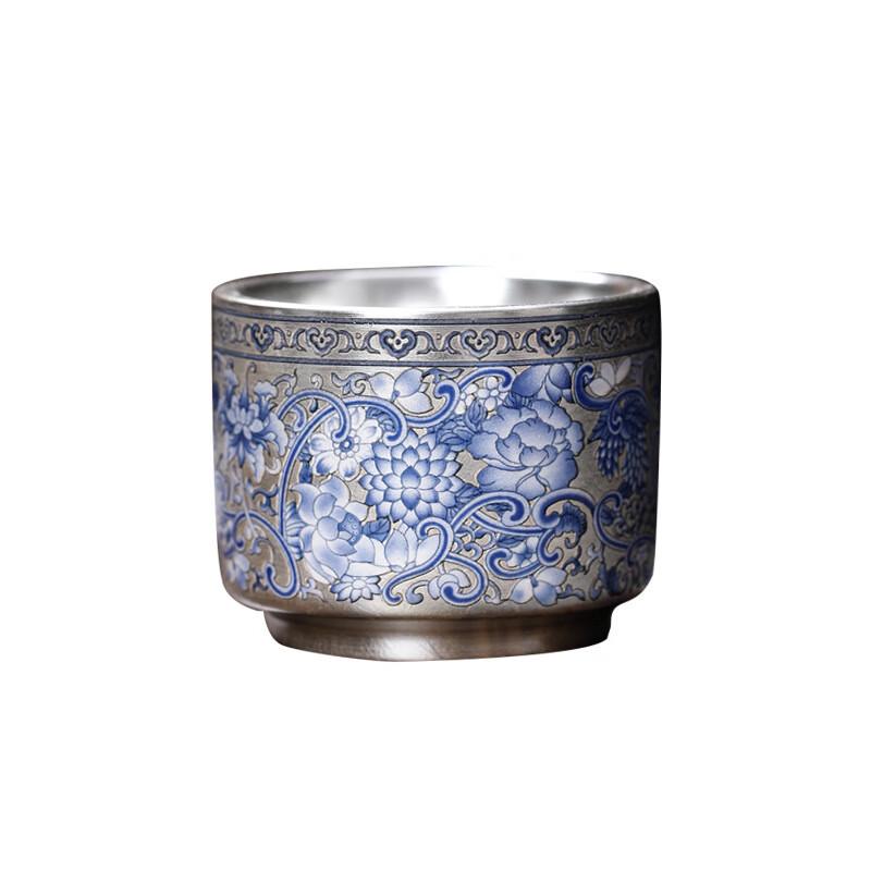Tea Xun Retro Blue & White Ceramic Gilt Silver Tea Cup Pair