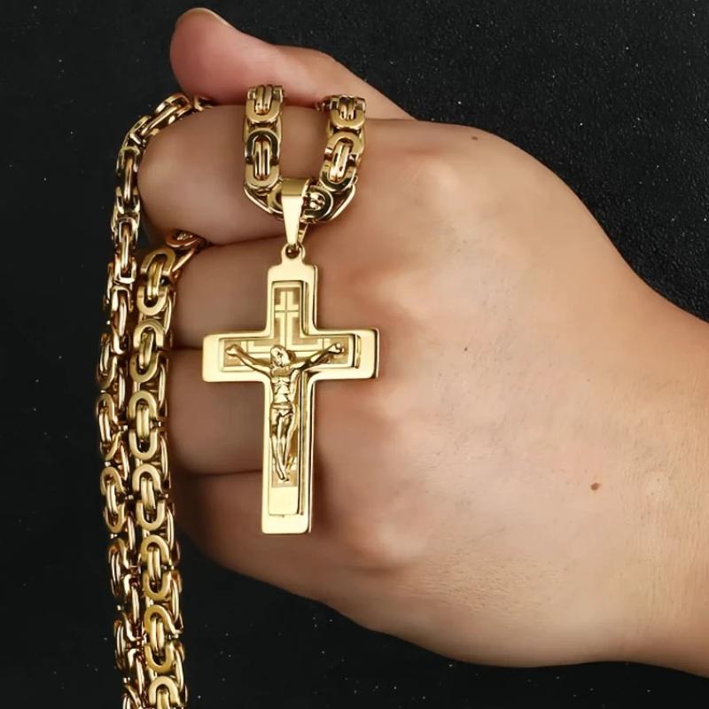 Collana Ciondolo Croce Crocifisso in Acciaio Inossidabile Pesante Catena Bizantina Gioielli da Uomo Regali